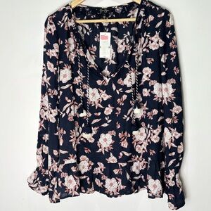 Jessica Simpson Black Floral Cottagecore Neutral Boho Blouse Top Large NEW L50